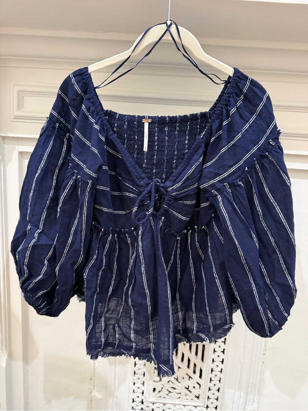 Free People Navy and White Striped Tie-Front Peasant Blouse